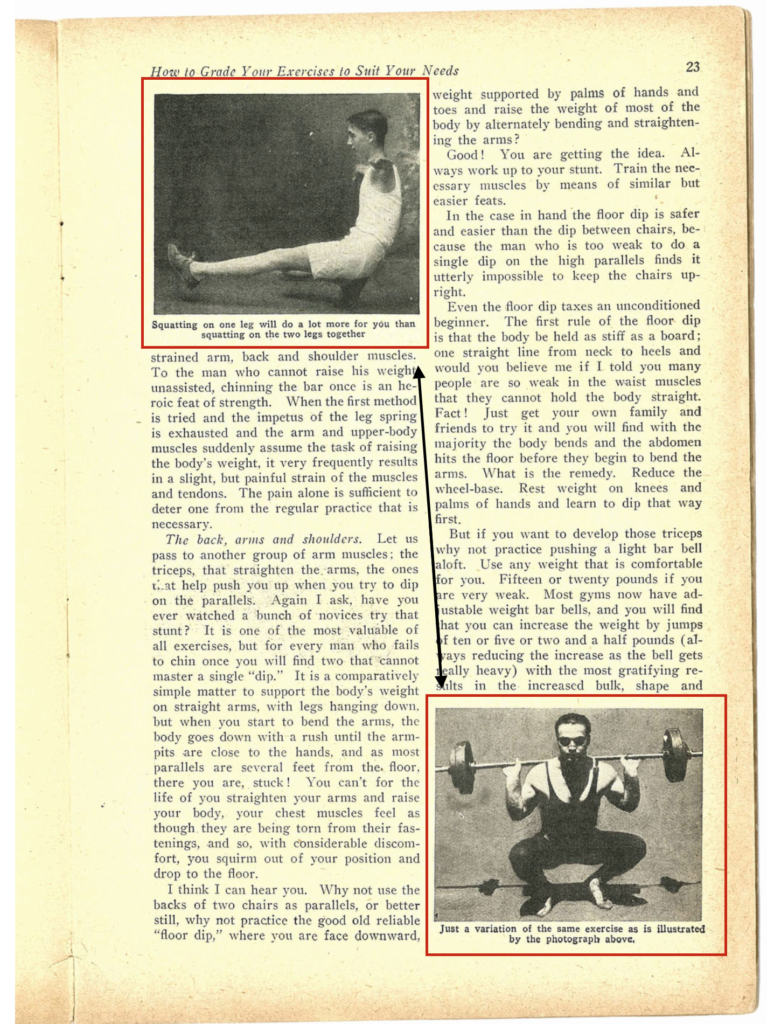 Strength and Health 1922, Langhantelkniebeuge Variation zur Einbeinigen Kniebeuge