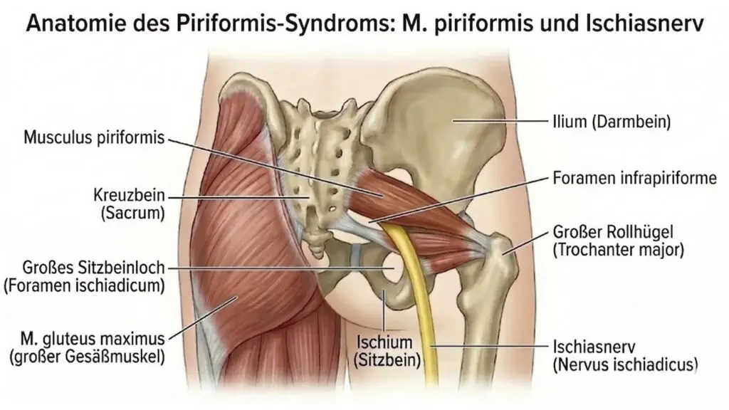 Darstellung des Piriformis Muskels, des Ischias-Nervs und der umliedenden anatomischen Strukturen