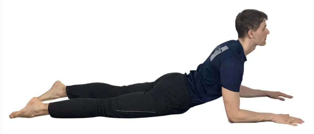 Mann in Bauchlage mit überstreckten Rücken und aufgestellten Unterarmen in der Yoga-Pose "Kleine Kobra"
